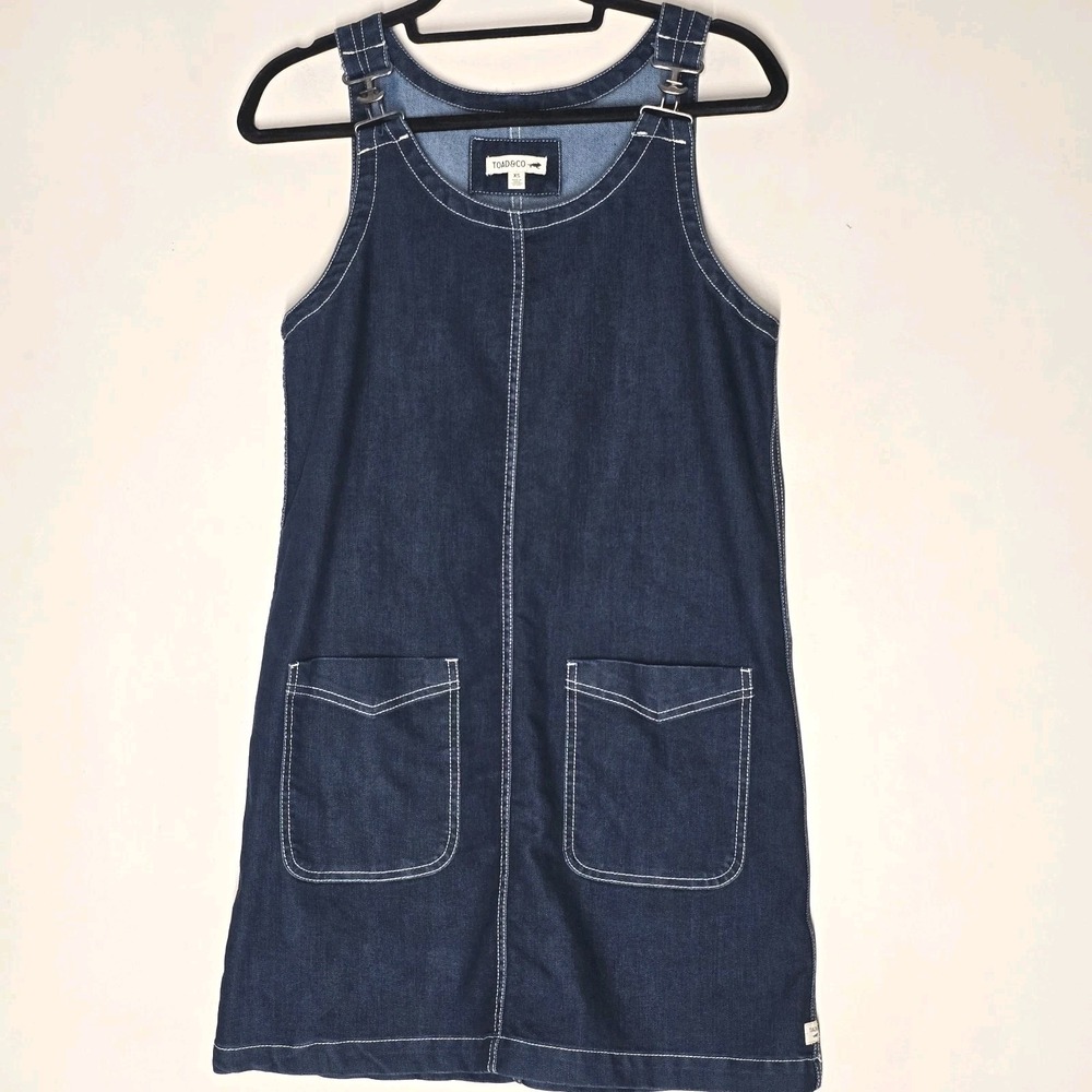 Toad & Co Denim Blue Overall Jumper Mini Dress Utility Casual Womens XS‎ Pockets